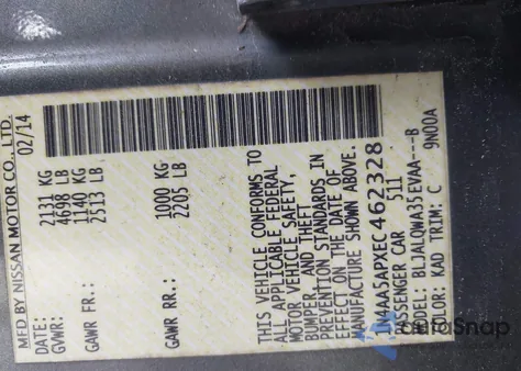 2014 Nissan Maxima S/Sv from USA, damaged, VIN 1N4AA5APXEC462328